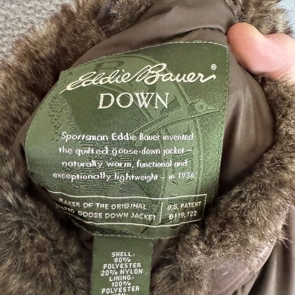 Eddie Bauer Puffer‎ Vest Womens L Brown Goose Down Zip Pockets Outdoor Faux Fur - Picture 6 of 7